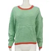 Pull tricoté à rayures de couleur contrastée pour femme, élégant, léger, col rond, manches longues, pour l'automne
