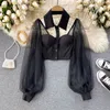 Womens Blouses Shirts Women Mesh Sheer Seethrough Long Sleeve Crop Top Singlebreasted Fashion Backless Sexy Female 230404