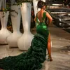 Hunter Green Evening Dresses Front Split Beading Back Hollow Sequined Draped Pleated With Long Train Prom Dress Second Reception Party Gowns African Wear