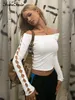 Kvinnors t -shirt Forefair Autumn Winter Hollow Out Basic Long Sleeve Crop Tops White Sexig av axel Slim Women Tees Y2k T Shirts Casual 230403