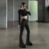 Women's Two Piece Pants Round Neck Long Sleeve Cropped Top High Waist Straight Leg Bootcut Trousers Fall Casual Suit Holiday Vestidos