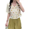 Chemisiers pour femmes Crochet Knit Loose Outwear Button Down Jacket Women Short Sleeve Crop Cardigan