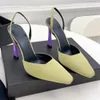 Nuova tacco di tintura di piedi quadrate Pompe del tallone sandalo Slingback satinato Slingback da donna designer di lusso da sera Scarpe da festa della caviglia Calzata di fabbrica 10,5 cm