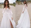 Long Puff Sleeves Boho Wedding Dress 2023 Tulle V-Neck High Split Appliques Women Bride Gowns Custom Made Civil Robe De Mariee Vestido de Noiva
