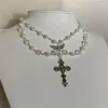 Chains Handmade Sacred Cross Angel's Wing Pearl Chokers Layered Double Layer Chain Y2K Imitation White Crystal Beaded Rosary Necklace