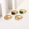 Emerald Pink White Zircon Rings for Women Geometric Stainless Steel Twisted Spiral Rings Fashion Party Jewelry