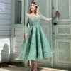 Robe de bal à paillettes brillantes, longueur thé, col transparent, manches longues, perles, robe de soirée formelle, plissée, courte, pour occasions spéciales