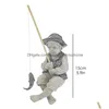 Trädgårdsdekorationer Staty Gone Fishing Boy Ornament Harts Fisherman With Rod Figurine Scpture for Pool Pond Yar Tz