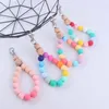 Keychains Fashion Wooden Keychain Colorful Silicone Round Beads Keyring Wristlet Bracelet For Women Bag Car Key Jewelry Accessory