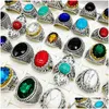 Band Rings Fashion 30 Pieces/Lot Turquoise Band Rings Jewelry Large Size Crystal Antique Sier Natural Stone Ring Womens Men Party Gift Dhvku