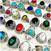 Anillos de banda Moda 30 piezas / lote Anillos de banda de turquesa Joyería de gran tamaño Cristal Antiguo Sier Anillo de piedra natural Mujeres Hombres Regalo de fiesta DHVKU