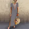 Chemisiers pour femmes 40 # Boho Print Dress Femmes Col en V Fente Latérale Bohème Robes Coton Lin Plus La Taille Élégant Casual Shift Maxi Vestidos