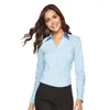 Women's Blouses Elegant Bodysuits For Women Cotton Office Wear Blouse Shirt Ladies Long-sleeve Blue And White Striped V-neck Tops Clothes