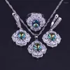 Halsband örhängen sätter många färger zirkoner kristall silver färg dräkt för kvinnor ring med pendell brud smycken