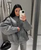 Vestes femme avec boutons Bombers gris à manches longues manteau dame chaud avec poches veste zippée printemps hiver nouveau