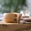 Tazas Taza de café portátil Mango de madera de goma Dos agujeros Cuero de vaca Cuerda Gancho Jugo Leche