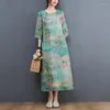 Sukienki swobodne 2023 Ubrania wiosenne/letnie w stylu retro w chińskim stylu klamra dysk o- szyją cheongsam sukienka literacka bawełniana i lniana damska h383