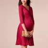 Moderskapsklänningar gravida kvinnor klänning höst elegant gravida kvinnors v-ringning fasta kvinnors mitthylsa sexig klänning plus storlek amning tank topp 230404