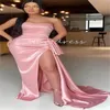 Sexy Pink Mermaid Prom Dress With High Slit Strapless Silk Satin Floor Length Evening Gowns 2024 Formal Dance Party Birthday Special Occasion Wear Robe De Soriee