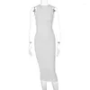 Casual Dresses Solid Sexy Bodycon Crochet Dress Autumn Women Streetwear Party Club Elegant Clothing Sleeveless O-Neck Sweater Midi Y2K