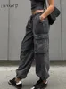 Pantalons pour femmes Weekeep Big Pockets Pantalons de survêtement Élastique Taille basse Baggy Gris Cargo Grunge 2000s Pantalon décontracté pour femmes Harajuku Capris Y2k