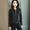Women's Leather Unbreakable Women Short Korean Loose Baseball Uniform Casual Jacket Lady Long Sleeve Zipper PU Overcoat