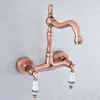 Bathroom Sink Faucets Antique Red CopperWall Mounted Kitchen Basin Swivel Faucet Mixer Tap Double Ceramic Handle Tsf904