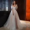 Champagne Wedding Dress Sexy Split Side Dots Tulle Long Sleeve Bride Party Gowns Boho 2023 Off Shoulder Vestido de Noiva