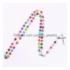 Pendant Necklaces New Relius Catholic Rainbow Rosary Long Necklaces Jesus Cross Pendant 8Mm Bead Chains For Women Men S Fashion Christ Dhwgb