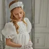 Vintage Ivory Flower Girls Dresses for Wedding Puffy Short Sleeve Kids First Communion Gowns Reffles Organza Infant Christening Dress