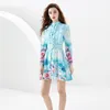 Elegant tryckfest Mini Vacation Dress Woman Designer Lantern Sleeve Lapel Button Front Vintage Shirts A-Line Dresses With Belt 2023 Spring Autumn Runway Frocks