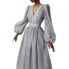 Robes décontractées Femmes Puff Sleeve Polka Dot Maxi Robe Élégante Soirée Formelle Été Dames Longue Profonde Col En V Robe