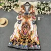 Basic Casual Women Kleider Frühlings Sommer Landebahn Barock Chiffon Maxi Kleid Deep gegen Neck Langarm Print Holiday Party Split Robe Vestidos