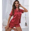 Women s Sleepwear Womens Silk Satin Pajamas Set Short Sleeve Two piece Pj Sets Loungewear Button Down 230404