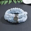 Strand 108 8mm Aquamarine pärlstav elastisk sladd wrap mala armband meditation yoga helande smycken kvinnor charm rosenkransen lotus armband