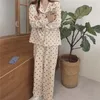 Women s Sleepwear Heart Print Home Suit Loose Cotton Casual Korean Pajamas Set Trousers Harajuku Clothes Kawaii Single Breasted Top 230404