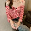 Women's Blouses Shirts Girls' fashion suspender striped shirt Women's strapless long sleeved shirt Women's casual fashion loose fitting women's top H9124 230404