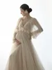 Vestido de tule de gravidez Vestido de bebê Vestido de champanhe Beautiful Mesh Guipure Golos V para Maternidade Vestido de Maternidade