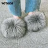 Summer Women Shoes Furry Raccon Slippers Cute Fluffy Fox Slides Girl Soft Home Flip Flop Breathable Non-slip Fur Sandals T231104