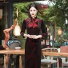 Ethnische Kleidung Plus Größe Rot Schwarz Samt Cheongsam Frauen Vintage Party Hochzeit Langes Kleid Ärmel Winter Traditionelles Qipao M bis 5XL