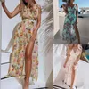 Vestidos casuais na primavera feminina verão sexy boho praia floral long maxi vestido senhoras v giso de pescoço sem mangas para 2023