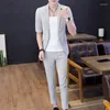 Men's Suits 2023 Grey Striped Summer Mens With Pants Half Sleeves 2 Pcs Blazer Sets Slim Fit Thin Skinny Stylish Man Costumes Modern