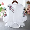 Women's Polos Blouse Women Summer Retro Style Loose Embroidery Lapel Half Sleeve Pullover Lantern High Waist Top Blusas Mujer De Moda