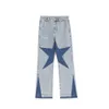 Men's Jeans Contrast Color Star Patchwork Washed Straight Leg Pants Loose Fit Streetwear Denim Trousers