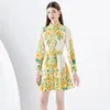 Floral Party Mini Vacation Dress Woman Designer Puff Sleeve Stand Collar Slim Ruched Party Dresses With Belt 2023 Spring Autumn Single-Breasted Runway A-Line Frocks