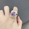 Cluster Rings ZHEN-D Jewelry Natural Amethyst Cleaning Purple Crystal Healing Stone Tourmaline Finger Ring Elegant Gentle Dating Party