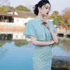 Ethnic Clothing Chinese Women Chiffon Cheongsam With Beaded Tassel Shawl Short Sleeve Elegant Mandarin Collar Knee-Length Qipao Dress