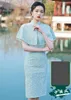 Ethnic Clothing Chinese Women Chiffon Cheongsam With Beaded Tassel Shawl Short Sleeve Elegant Mandarin Collar Knee-Length Qipao Dress