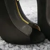 Chaussures habillées Femmes Stiletto Mince Fer À Talons Hauts Pompes Sexy Peep Toe Fermeture Éclair Noir En Daim De Mode Partie De Mariée Balle Dame 3845-h1