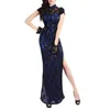 Ethnische Kleidung Chinesische Frauen Cheongsam Retro Stil Elegante Spitze Vintage Doppelschichtig Hohe Split Für